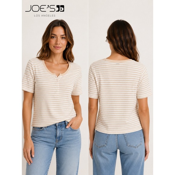Joe's Jeans Tops - Joe's Jeans Waffle Knit Henley Top Striped Short Sleeve Cream Tan Size Large